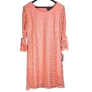R&K Light Coral Eyelet Lace Tie Bell Sleeve Coastal Boho Shift Dress Size 12 NWT